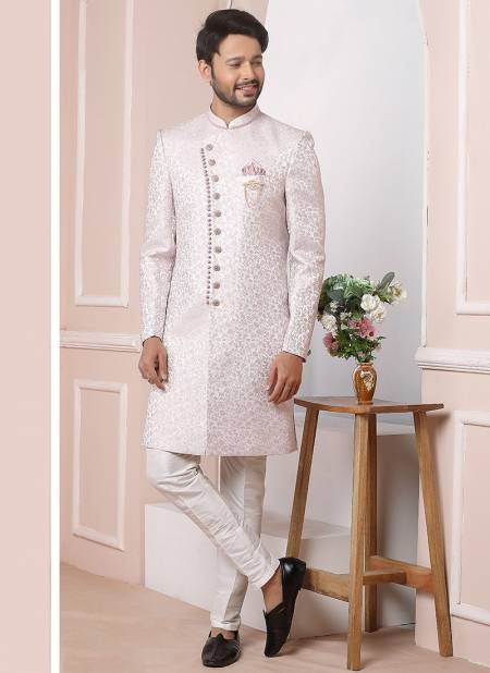 Onion Pink Colour Party Wear Mens Jaquard Silk Indo Western Collection 1677